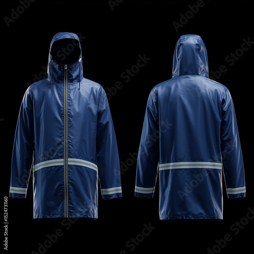 mock up raincoat top , deep blue raincoat, large zipper detail and reflective stripes, front view and back view, smooth material texture, solid black background, ai generated images.