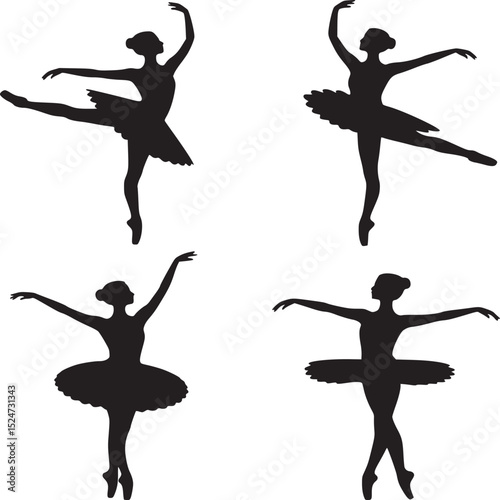Four silhouettes of ballerinas in various poses against a white background in a square arrangement