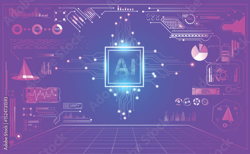 An AI interface featuring various readouts graphs  data points against a purple gradient background with a wireframe grid