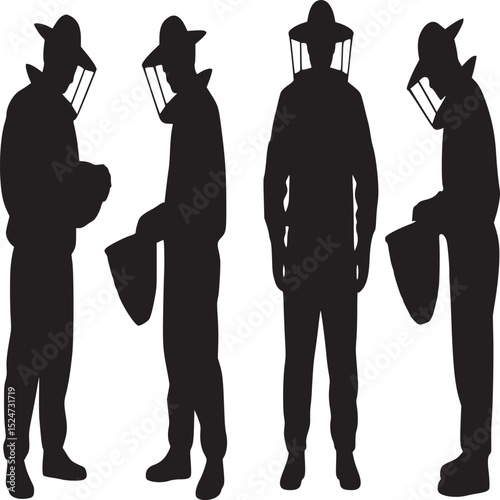 Four silhouetted beekeepers in protective gear standing against a plain white background in a row