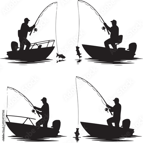 A graphic illustration showing a fisherman in a boat catching fish in a black and white silhouette style