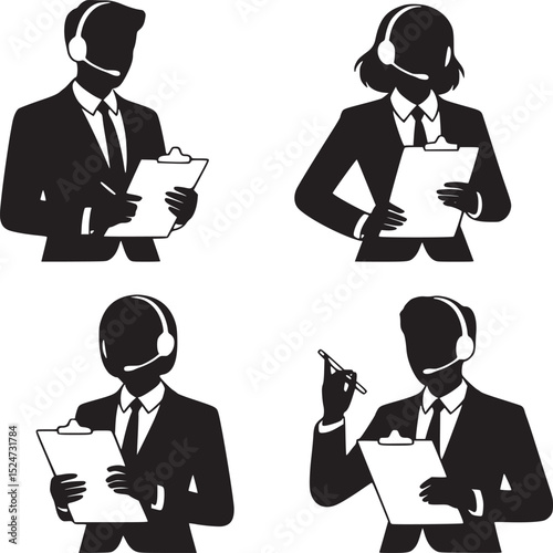 Four customer service representatives in silhouette holding clipboards and wearing headsets