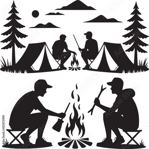 Silhouette illustration of campers around a campfire with tents and trees in the background