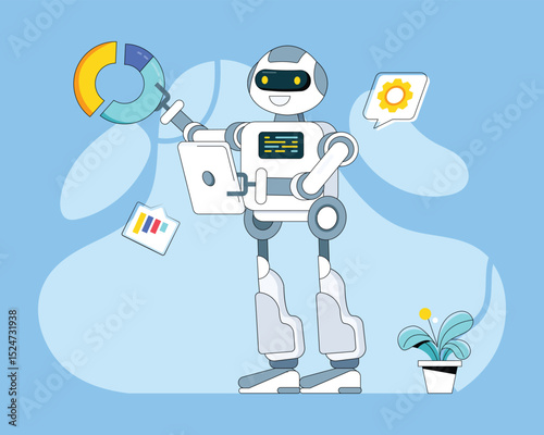 Illustration of a robot analyzing data with charts diagrams and a potted plant in a stylized techthemed presentation