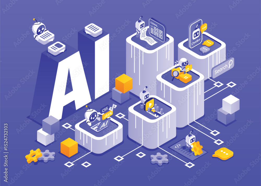 Isometric illustration of AI concept with robots coding  chatbots on a blue background