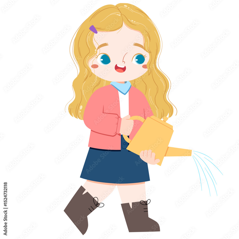Cute european girl with blue eyes watering in farmingland at summer time Cute european girl with blue eyes watering in farmingland at summer time