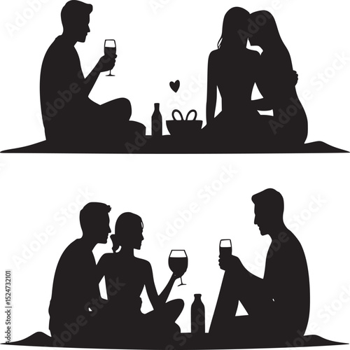 Silhouette illustration of couples at picnics with wine and food in a simple black and white design