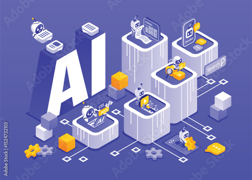 Isometric illustration of AI concept with robots coding  chatbots on a blue background