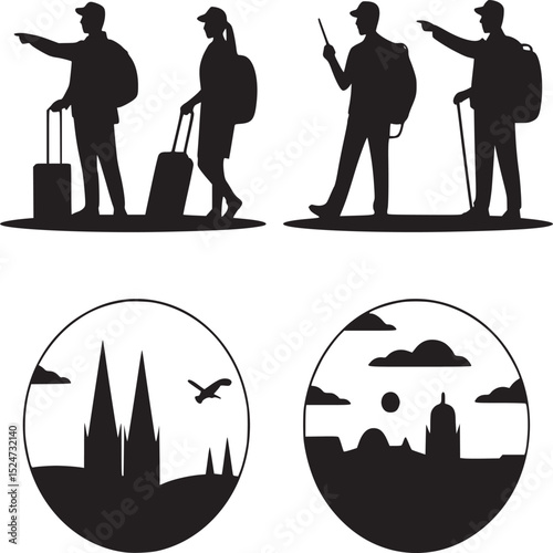 Silhouettes of travelers with luggage and cityscapes in circles on a white background illustration