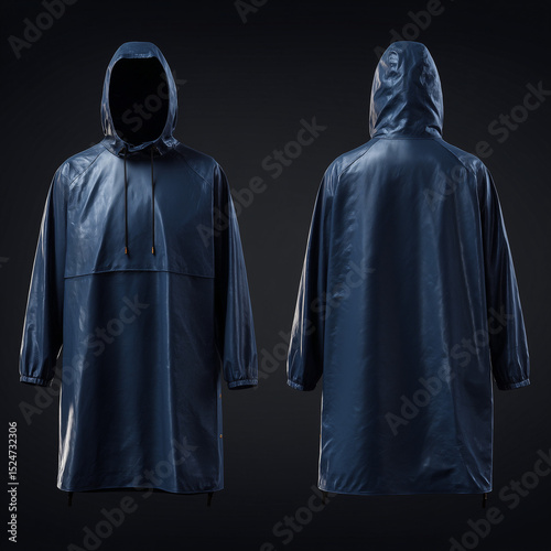 mock up raincoat top, navy raincoat , front view and back view, smooth material texture, solid black background, Photography, ai generated images.