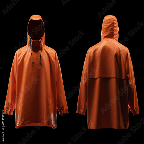 mock up raincoat top, orange raincoat , front view and back view, smooth material texture, solid black background, Photography, ai generated images.
