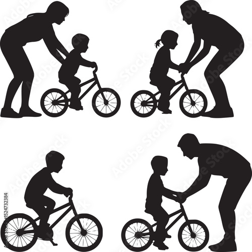 Silhouettes of adults teaching children to ride bikes in a compilation on a white background