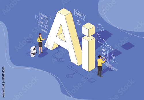 Isometric scene with AI in large letters a woman a robot and a man interacting with diagrams on a patterned blue surface
