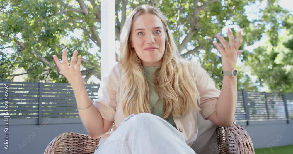 White woman sitting on patio wicker chair waving hands greeting, talking gesturing to camera