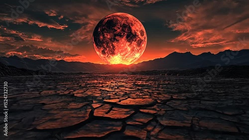 Spectacular full red moonscape with cracked arid earth and mountainous dark silhouettes