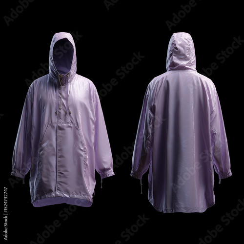 mock up raincoat top, pale purple raincoat , front view and back view, smooth material texture, solid black background, Photography, ai generated images.