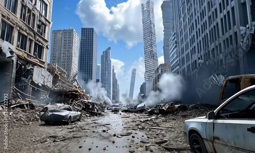 Destroyed city street with damaged cars