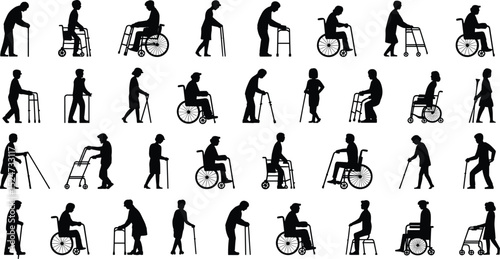 Silhouettes of elderly and disabled people with mobility aids, vector illustration, walking sticks, wheelchairs, walkers, healthcare support, black figures