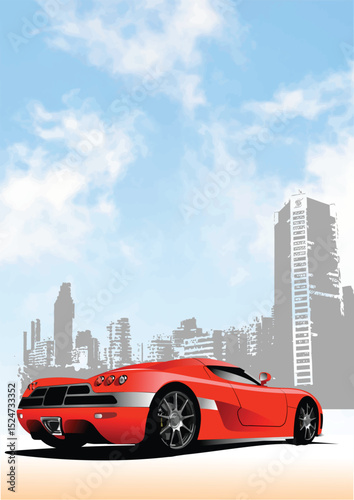 033-16-Red sportscar parked near a generic cityscape under a blue sky with some clouds. Hand drawn illustration