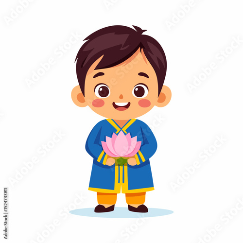 Minimal flat vector of a joyful little Sri Lankan boy in traditional clothing holding a lotus flower, representing innocence and cultural pride