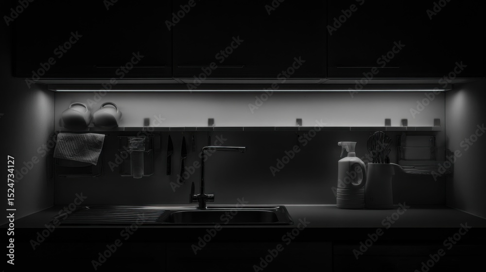 Sleek modern stainless-steel faucet illuminated by soft spotlight over white marble sink in dimly-lit kitchen, minimalist design with glass containers on countertop, dark silhouette of cabinets and wo Sleek modern stainless-steel faucet illuminated by soft spotlight over white marble sink in dimly-lit kitchen, minimalist design with glass containers on countertop, dark silhouette of cabinets and wo
