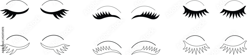 Naklejka premium set of closed eyes beautiful face, eyebrows and eyelashes, lashes extensions. Element design. Beauty studio logo. Linear vector in trendy minimalist style. makeup symbols on transparent background.