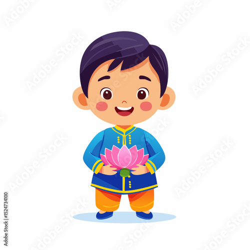 Minimal flat vector of a cute little Sri Lankan boy dressed traditionally, smiling and holding a lotus flower, symbolizing culture and innocence