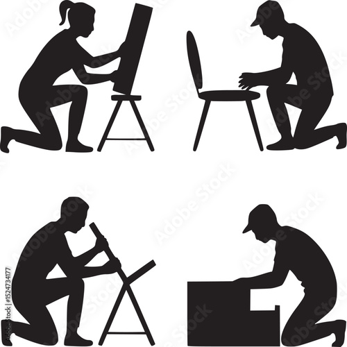 Four silhouettes of people assembling furniture on a white background in a collage format image