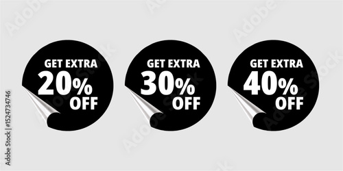 Set of three black round stickers with curled edges, advertising "GET EXTRA 20% OFF", "30% OFF", and "40% OFF", perfect for microstock promotions.