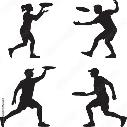 Silhouettes of people playing frisbee on a white background in various action poses and stances shown