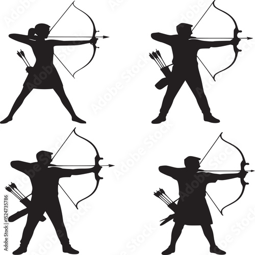 Four archers in silhouette aiming bows and arrows in a grid formation on a white background