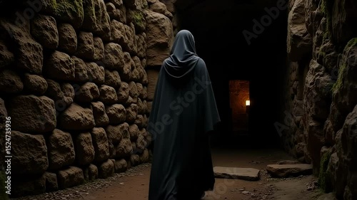 Mary Magdalene Silhouette Approaching Dark Tomb Entrance Illuminated by Light 4K Footage
