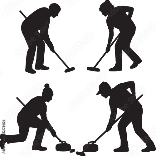 Four curling players in silhouette sweeping the ice in a white background studio shot composition