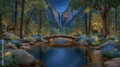 Serene Autumn Waterfall  Stone Bridge  Forest  Night Sky