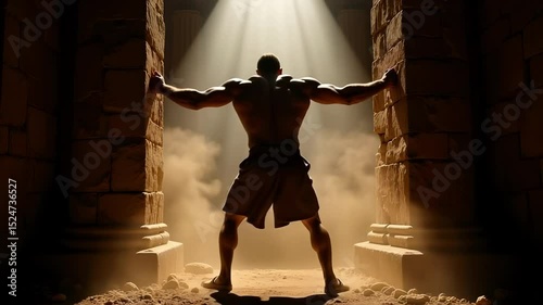 Samson Silhouette Epic 4K Low Angle View Powerful Strength Pillars Destruction Biblical Hero Mythological Figure