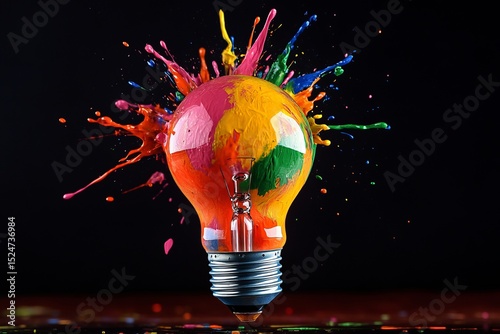 Creative light bulb splattered with colorful paint explosion on black background symbolizing innovation, ideas, and artistic energy