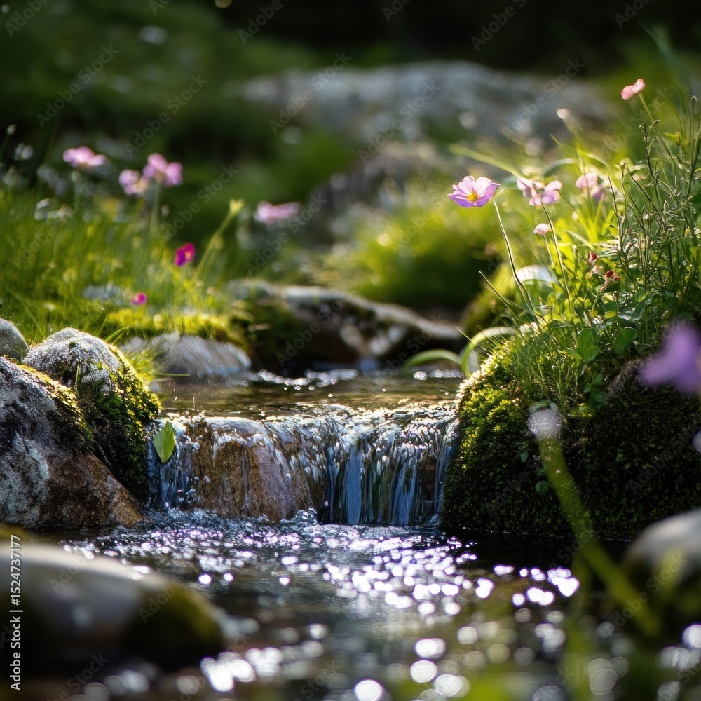 Fototapeta premium Mountain stream with wildflowers