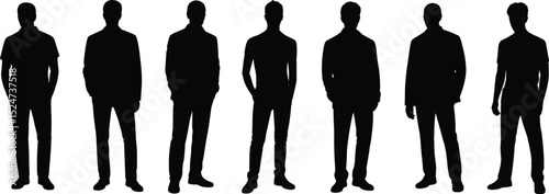 Silhouette vector illustration of standing men, business and casual poses, black isolated male figures, fashion, posture, professional appearance