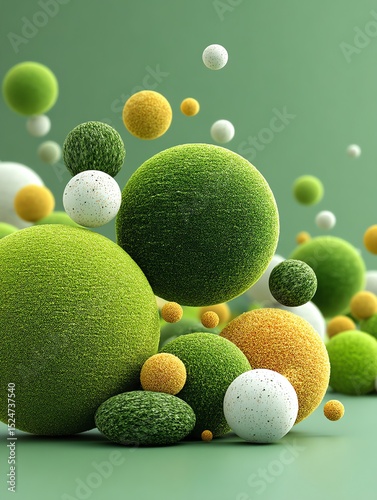 Abstract Green and Gold 3D Sphere Composition:  A visually stunning collection of textured spheres in shades of green, gold, and white
