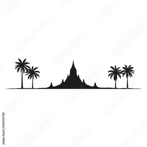 Black silhouette depicting a buddhist temple landscape with palm trees against white background
