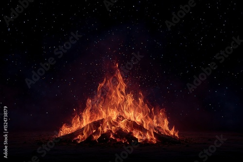 Dramatic Bonfire Night Under Starry Sky  Festive Fire  Burning Wood  Night Scene