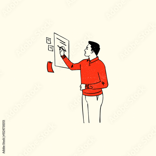 Man sketching on paper, with sticky notes, planning and organising ideas vector 