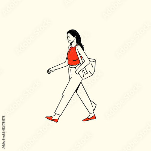 Woman Walking with Tote Bag vector illustration