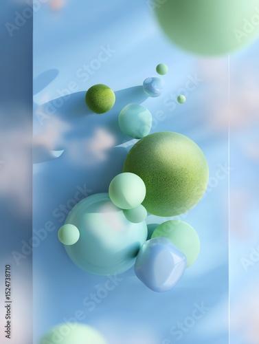 Abstract 3D Render of Floating Pastel Green and Blue Spheres on Light Blue Background
