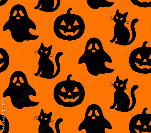 Halloween Black and Orange Seamless Pattern. Ghost Pumpkin Cat Silhouette Background. Horror Spooky Seamless Texture Vector Design Animal Magic. spooky seamless pattern with cats, pumpkins and ghosts