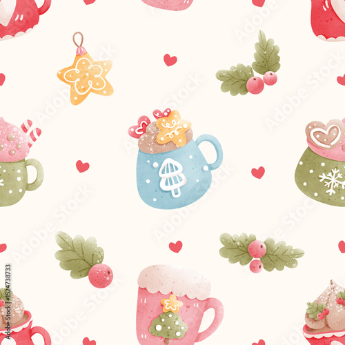 Cute Christmas Hot Cocoa Mug Seamless Pattern, Kawaii Holiday Drink with Cookies and Candy, Pastel Winter Drink Digital Paper