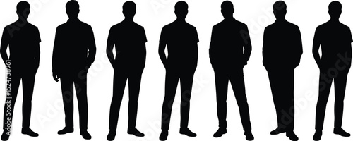 Silhouette vector illustration of stylish men standing, modern male figure poses, fashion, casual and formal appearance, black isolated icons