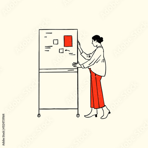 A woman organising ideas on a board for a presentation