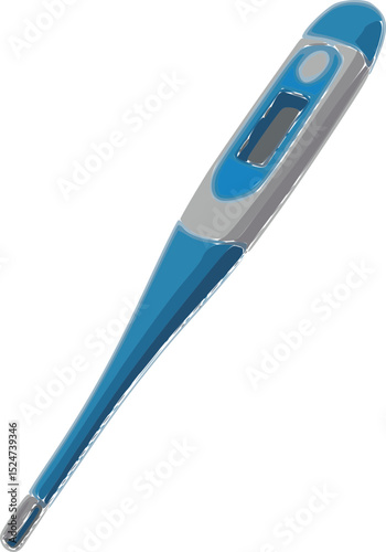 Vector of digital thermometer isolated on white suitable for science and health product design. The thermometer features a sleek design with a long, slender blue body and metallic gray accents.