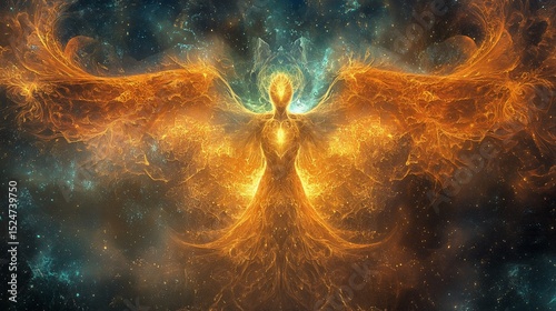 Fiery celestial being with vast wings of glowing orange and yellow, surrounded by cosmic nebulae